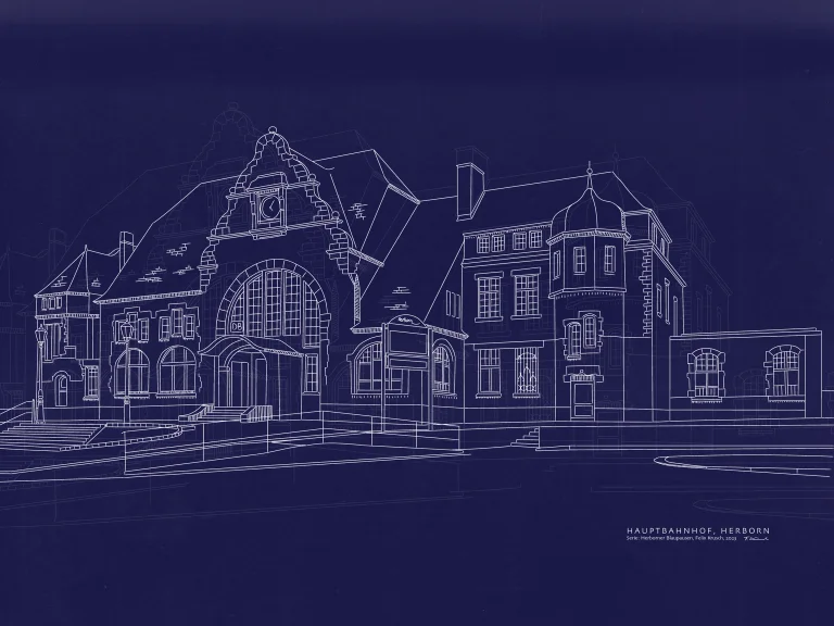 Blaupausen Serie - Herborner Hauptbahnhof als weisse Linienzeichnung auf tiefblauem Grund